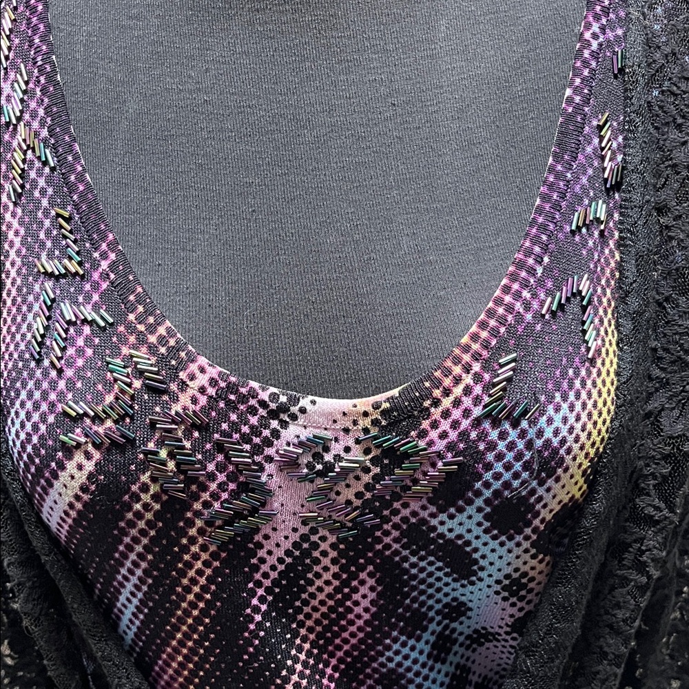 Alberto Makali Black Multicolor Animal Print Top with Lace Sleeves Size Medium - Picture 3 of 6